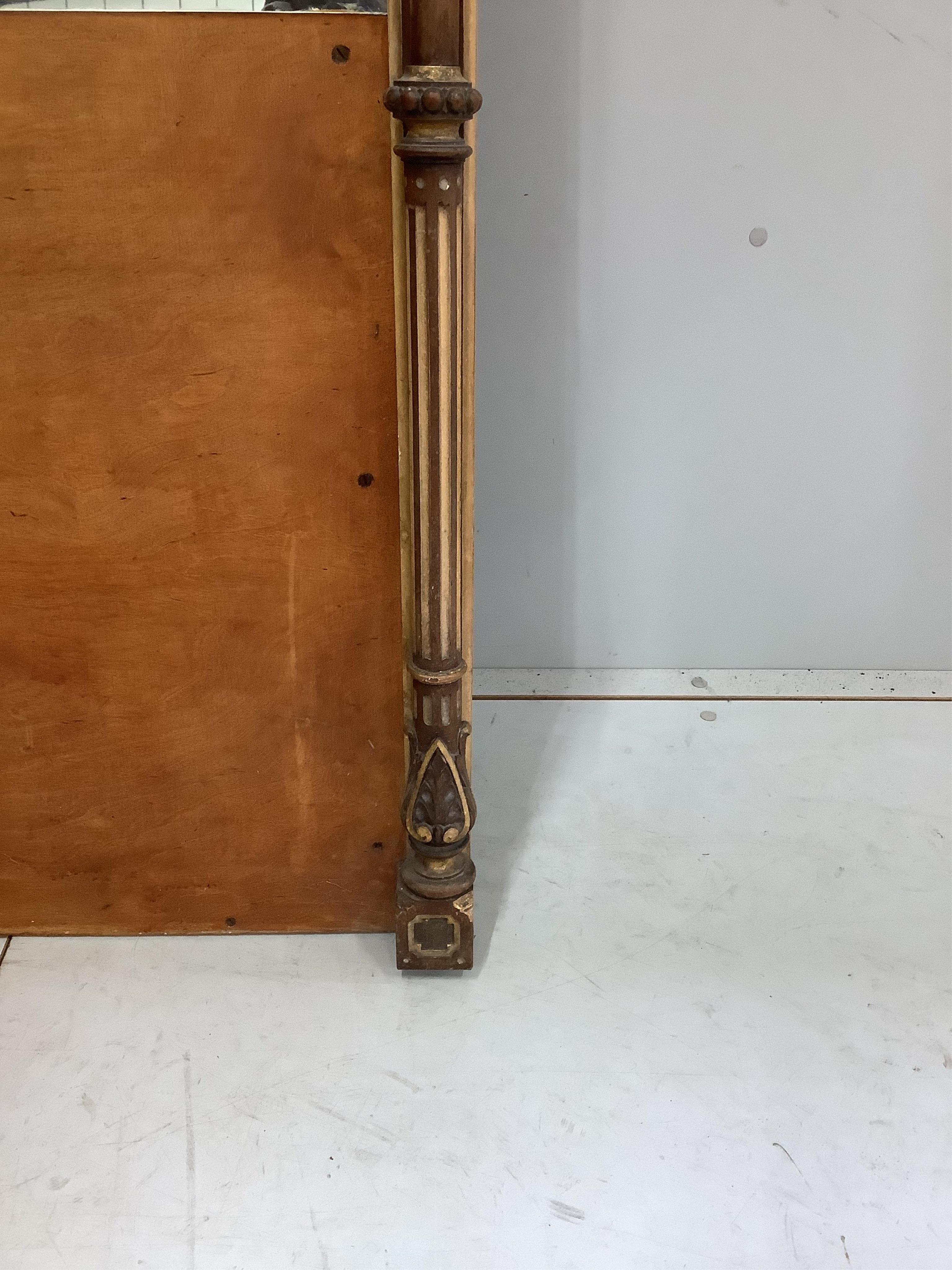 A Victorian parcel-gilt mahogany overmantel mirror, with partial plate, width 146cm, height 206cm. Condition - fair